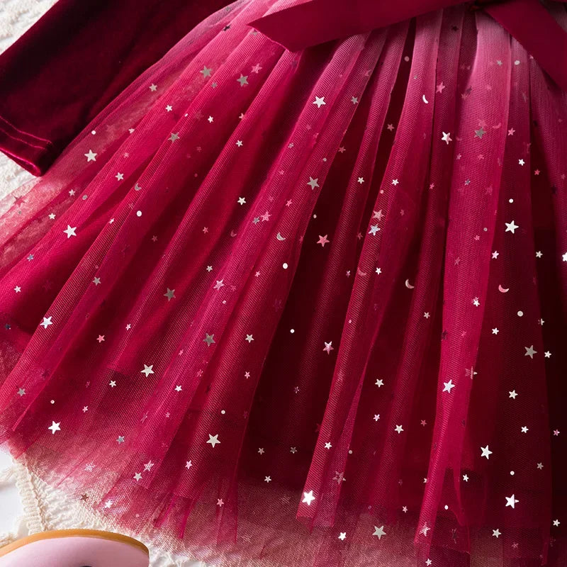 Girl Party Princess Dress Autumn Winter 3-8Y Children Christmas New Year Velvet Top Gradient Stars Mesh Bow Dress