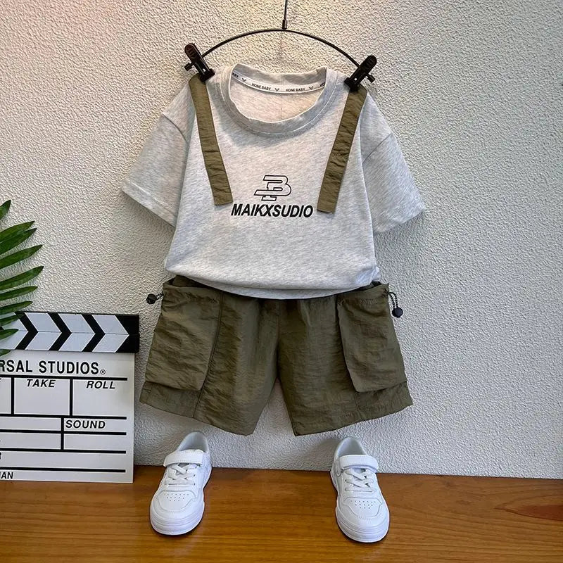 New Boys Sleeveless Vest Denim Shorts 2PC Sets Outdoor Festival Clothing Vintage Print Kids Miracle Design 2-10 Years White Tops (Available)