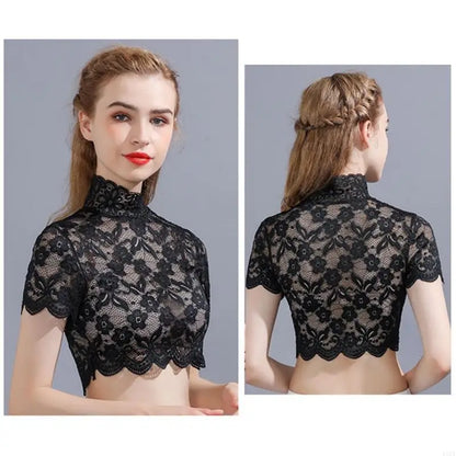 T5UF Women Turtleneck Detachable Collar Elegant Floral Lace Short Sleeve Half Blouse Shirt Pullover Lining Dickey Crop Top