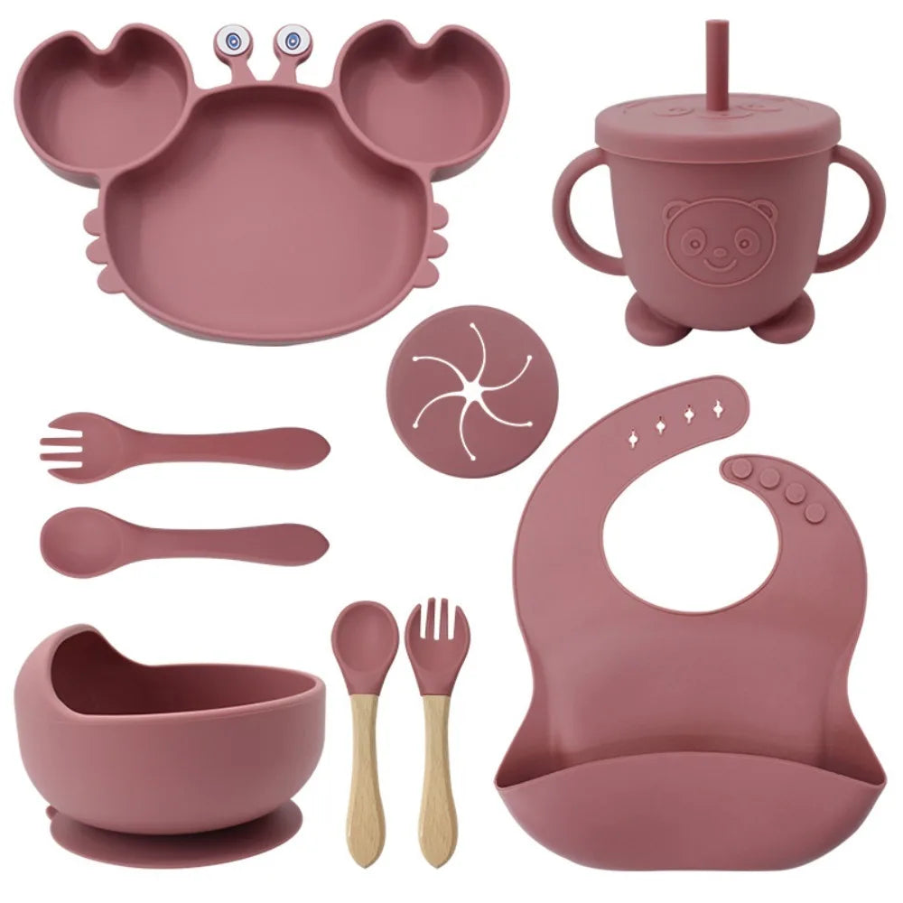 Baby Feeding Set 9PCS Silicone Crab Bowl Plate Spoon Fork Toddler Tableware Kids Dish Infant Utensils