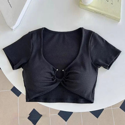 Xingqing Summer Crop Tops y2k Women Sexy Clothes Solid Color Metal Ring Short Sleeve Padded T Shirts 2000s Clothing Streetwear