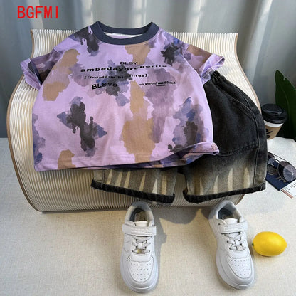 New Boys Fashion Summer Cotton Letter Printing T-shirts+Graffiti Denim Shorts 2pcs Set Kids Korean Outfits Sets Children Clothes