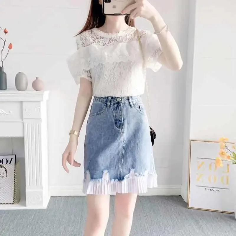 Short 2 Pieces Sets for Women Commuting Skirt White Mature Denim Sleeve Woman Outfit Blue Mini Kawaii Summer Fashion 2025 Full