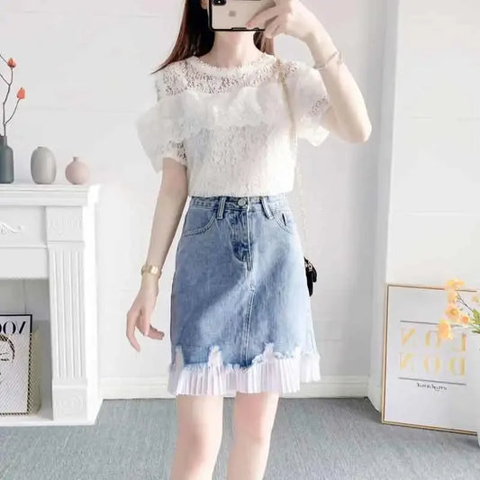 Short 2 Pieces Sets for Women Commuting Skirt White Mature Denim Sleeve Woman Outfit Blue Mini Kawaii Summer Fashion 2025 Full