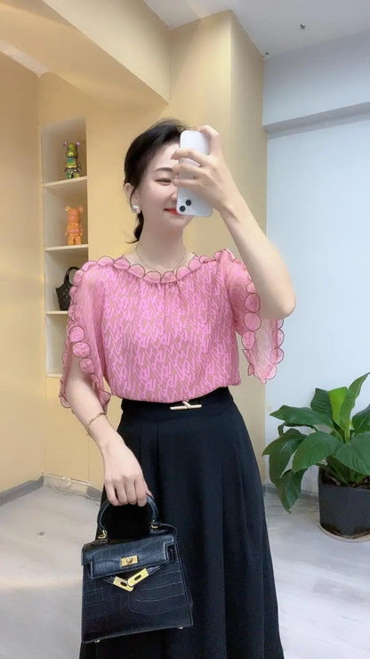 Elegant O-Neck Printed Folds Ruffles Flare Sleeve Blouses Women's Clothing 2024 Summer New Loose Korean Tops Office Lady Shirts