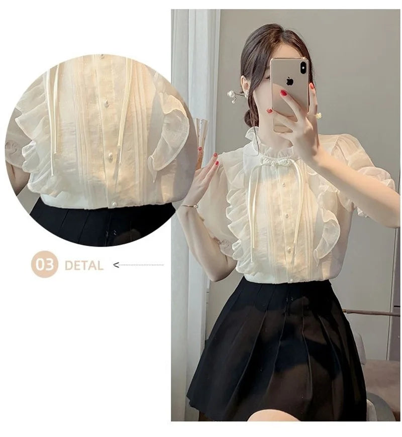 New Chinese Button French Ruffled Lace Gentle Chiffon Shirt 2025 Summer Fashion Temperament New Design Small Shirt Stylish Top