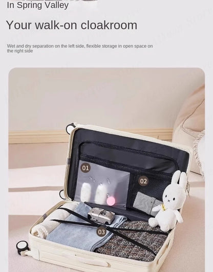 Front Opening Wide Handle Suitcase 20 inches Carry-on Cabin Suitcase Multifunctional Travel Luggage Zipper Aluminum Frame