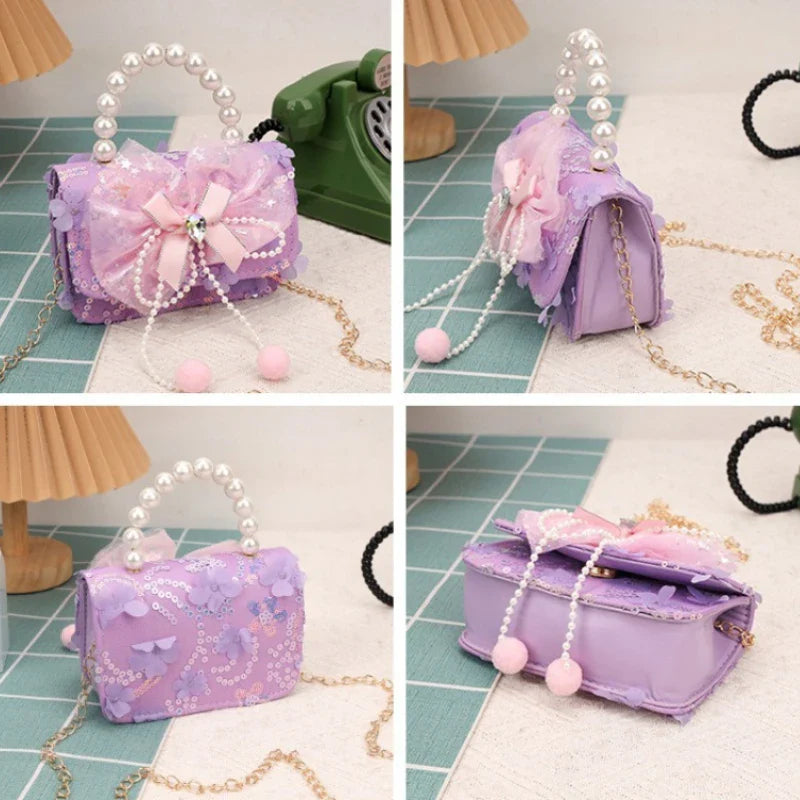 Cute Sequin Bow Kids Mini Square Shoulder Bags Versatile Children Chain Crossbody Bag Lace Girls Pearl Handbags Clutch Purse