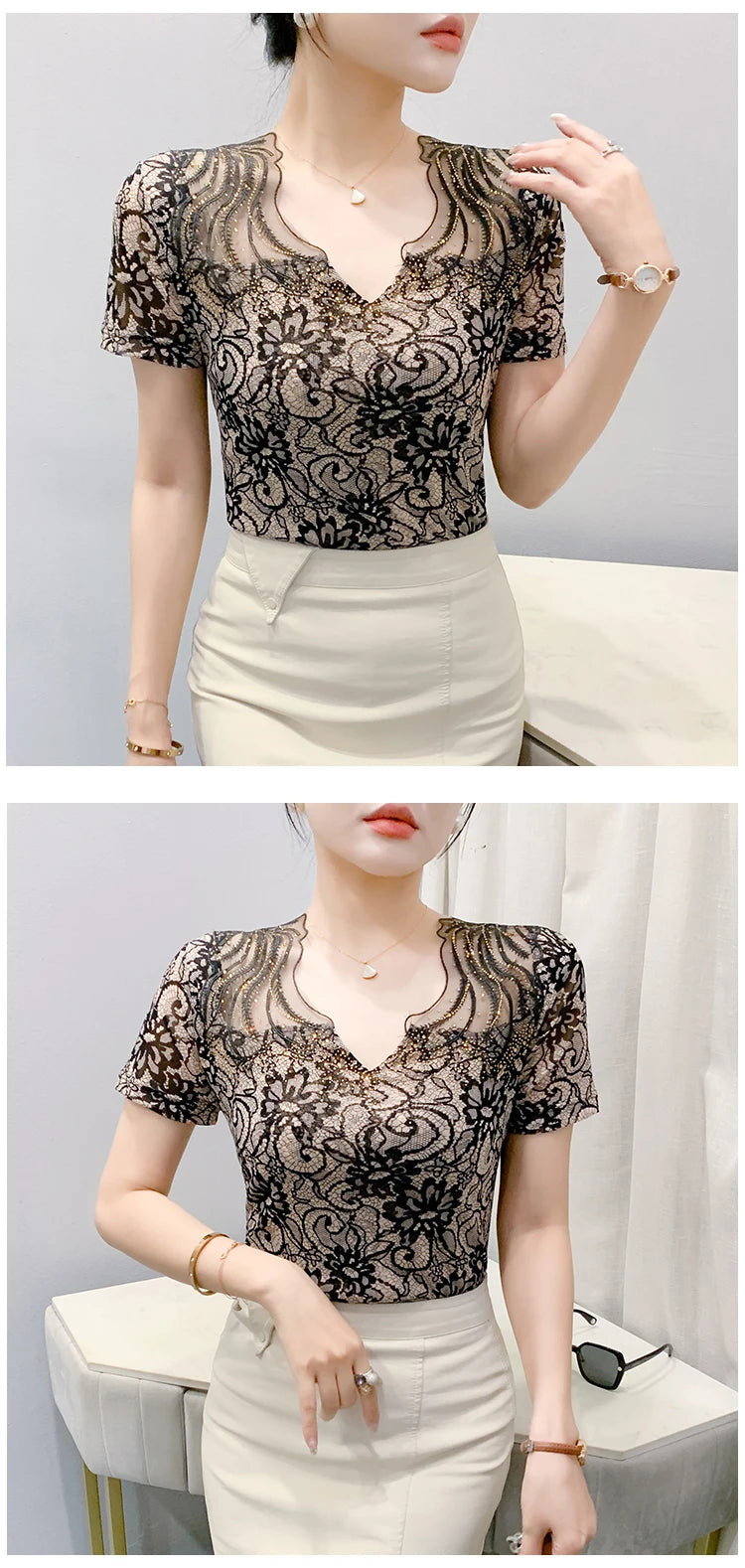 Sexy Hollow out V-Ne Rhinestone ort Sve T-irt Women Summer New Lace Me Top Trendy Anti-Aging Versatile Small irt
