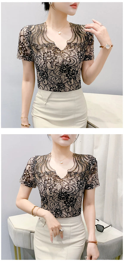 Sexy Hollow out V-Ne Rhinestone ort Sve T-irt Women Summer New Lace Me Top Trendy Anti-Aging Versatile Small irt