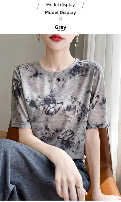 Retro Tie Dye Print Silk Wool ort Sve T irt Women Summer Loose Slimming Thin  Silk f Sve Top
