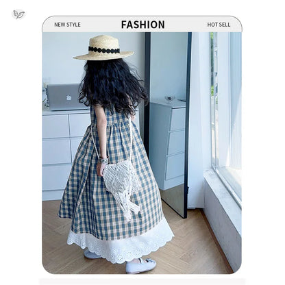 Summer Girls Retro Red Plaid Vest Dress 2-Piece Set Thin French Style Strappy Sundress Casual Vacation Outfit Teen Kids Clothes
