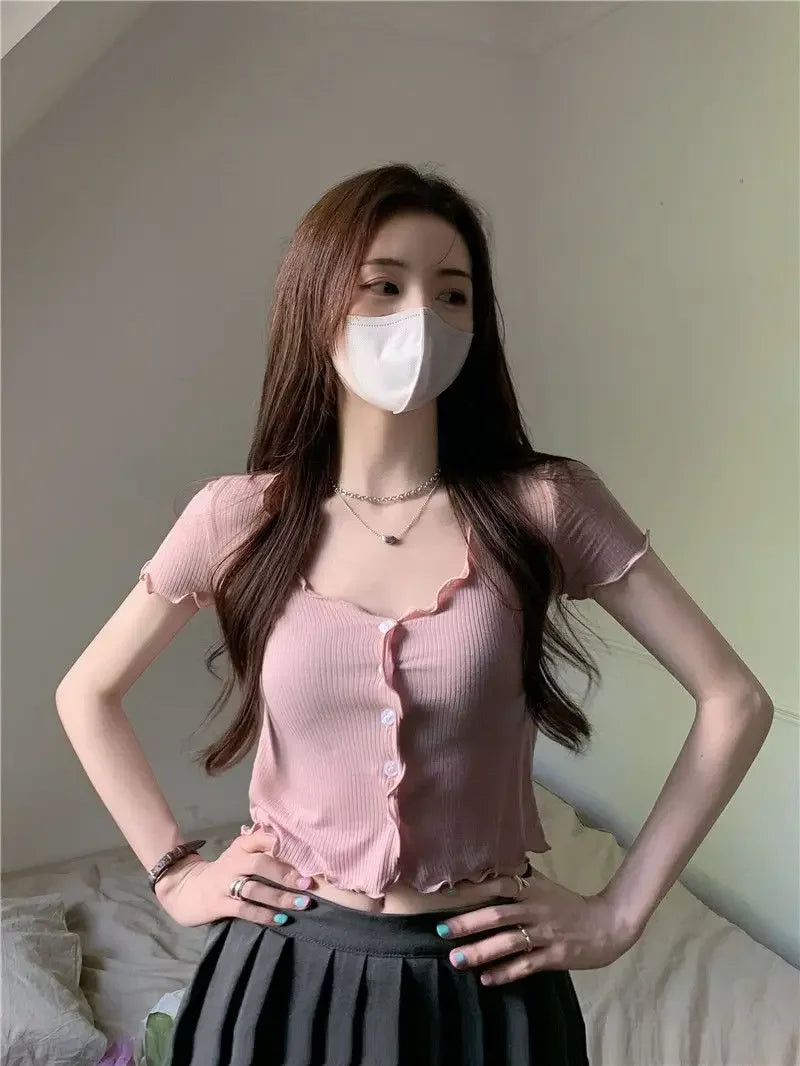 T-shirts Women Solid Leisure Summer V-neck Elegant Comfortable Simple Edible Tree Fungus Streetwear All-match Sweet Chic Popular