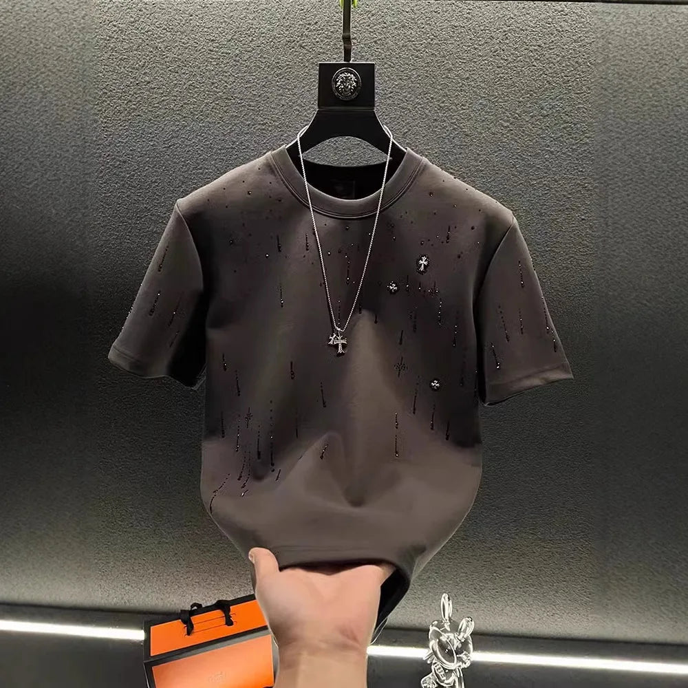 Spring New Heavy Work Light Luxury Custom Short Sleeve T-shirt Top Meteor Full Diamond T-shirt Round Neck Short Sleeve (Available)