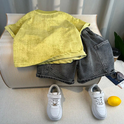 Korean Children's Summer Clothes Kids Set Outfits Boys 2025 Handsome Sleeveless&Short Sleeved T-shirt Denim Shorts 2-piece Set