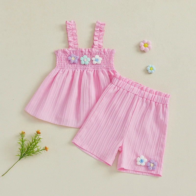 0-4years Baby Girl Summer Outfit 3D Flower Design Ruffled Trim Smocked Sleeveless Tops and Shorts 2 Pcs Set for Toddler girls