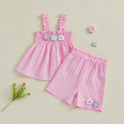 0-4years Baby Girl Summer Outfit 3D Flower Design Ruffled Trim Smocked Sleeveless Tops and Shorts 2 Pcs Set for Toddler girls