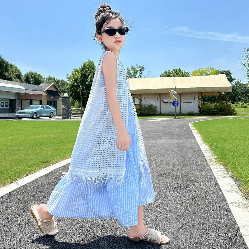 5-14Years Old Girls Dress Children Summer Sweet Beach Holiday Gown Kids Dresses Teenager Sleeveless Clothing Sets