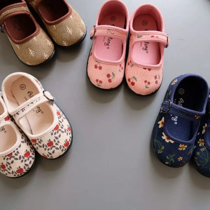 New Corduroy Floral Canvas Shoes Girls Square Mouth Indoor Shoes Soft Soled Non-slip Shoes