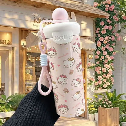 600ml Sanrio Hello Kitty Vacuum Thermos Cup SS316 Insulated Coffee Mug with Lifting Rope Portable Outdoor Drinking Water Kettle
