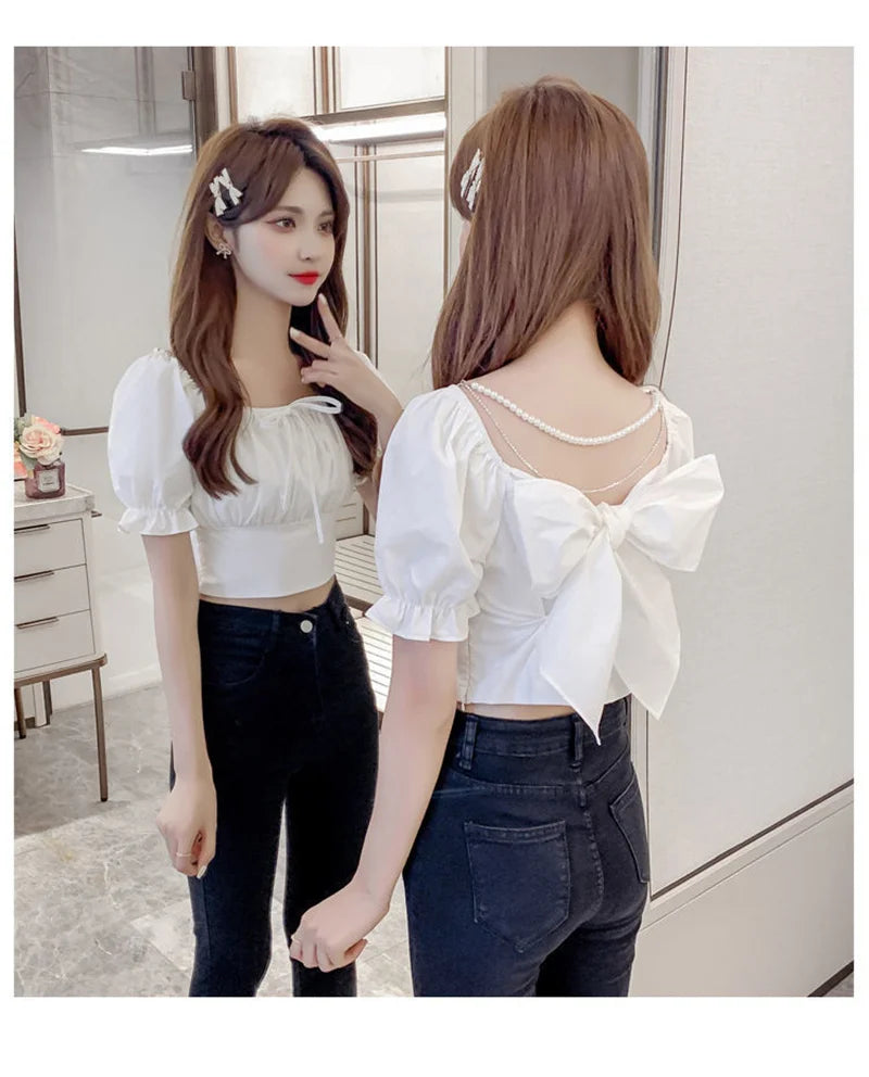 Summer New Fashion Temperament Women Bubble Sleeve Square Collar Shirt Design Sense Of Small Sweet Halter Short Sleeve Top