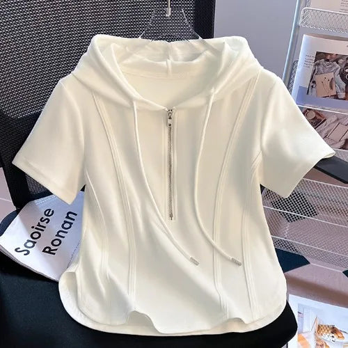 Summer New Women's Zipper Hoodie ort Sve T-irt Pure Cotton Slim Fit ort Fibone Top Korean Sle Commute Faion