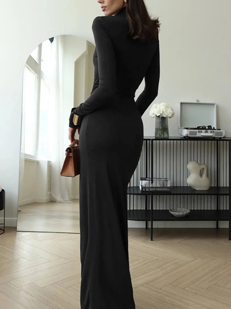 Women‘’s Dresses Autumn and Winter Fashion Sexy High-neck Long-sleeve Solid Color Dress with Waist Tie Club Long Dress