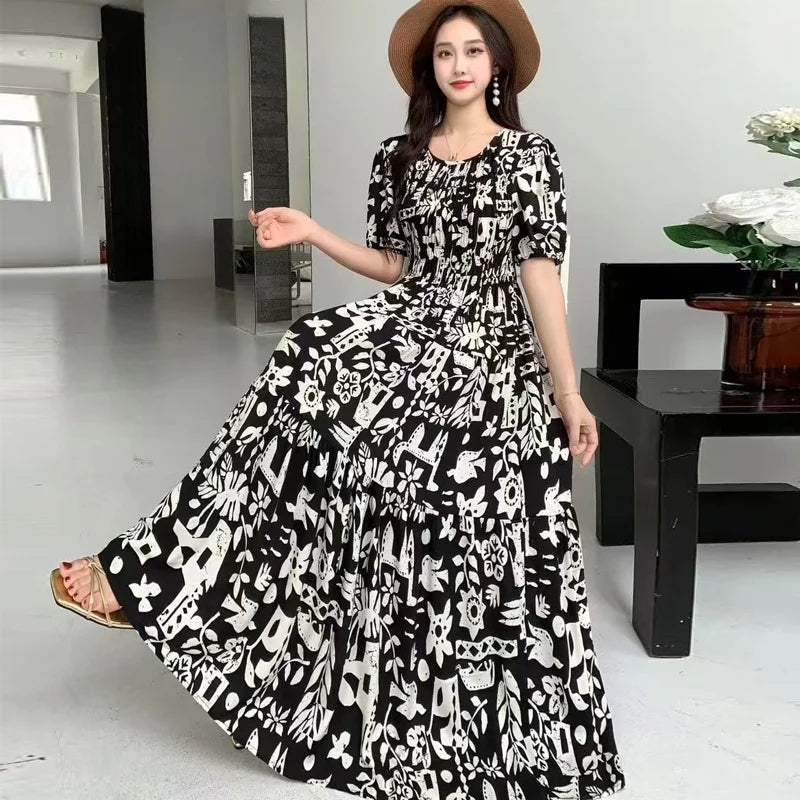 Summer New Cotton Silk Dr Casual High Waist Floral Print Beachwear Outerwear Slimming Waist Long Skirt A-Line Gown
