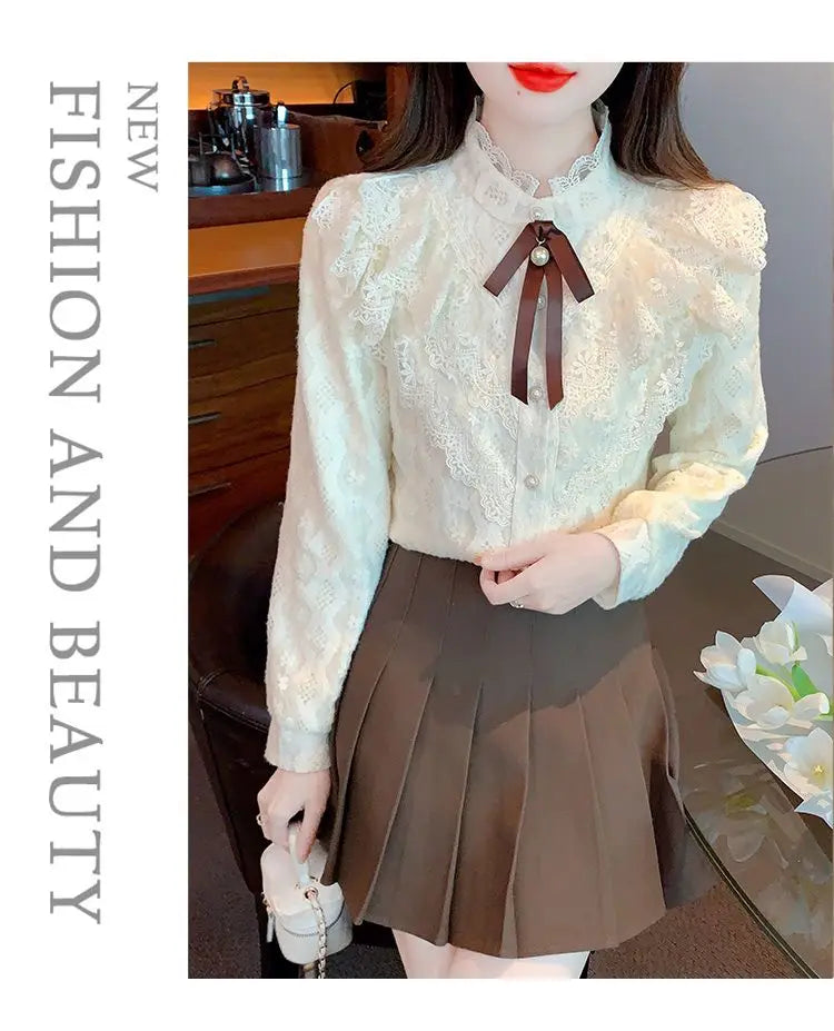 Women's Fce Lined Lace Blouse Thiened Autumn Winter Faion Inner Wear  Knot irt Stand Collar Regular Fit
