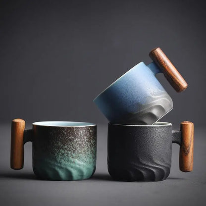 Ceramic Retro Espresso Coffee Cup With Wooden Handle Office Water Cup Tea Mug Ceramic Coffee Mug Handmade Tea Gift Box
