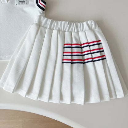 Baby Girl College Style Summer 2PCS Clothes Set Polo Collar Kid Girl Vest Top Set Thin Stylish Stripe Pleated Skirt Belle Outfit