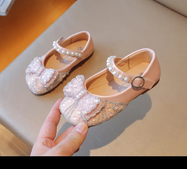 Children's Leather Shoes Bling Sequins Bowknot Princess Shoes for Girls Sweet Chic Kids Causal Wedding Shoes Shallow Versatile