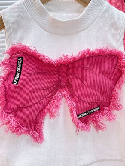 Girls Summer Outfit Set – Sleeveless Bow Top & Gradient Ripped Denim Wide Leg Pants, Fashionable Kids Casual Wear