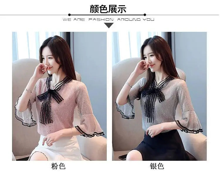 Chiffon Base Shirt with Mid Sleeves Versatile New Spring Sweet and Fashionable Korean Women's Top