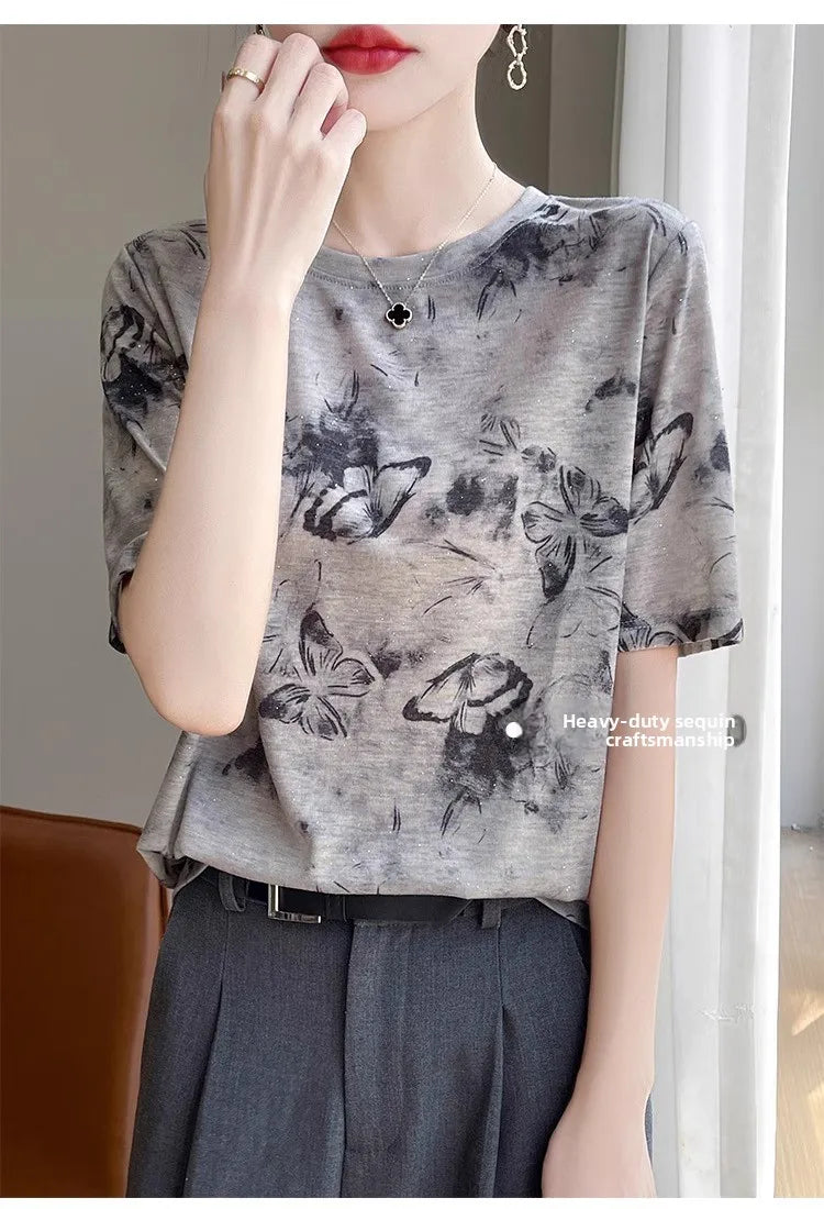 Retro Tie Dye Print Silk Wool ort Sve T irt Women Summer Loose Slimming Thin  Silk f Sve Top