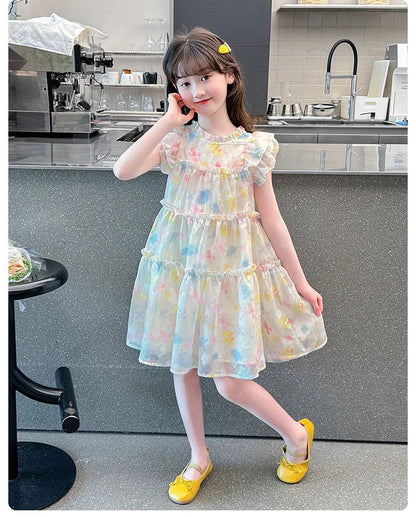 Summer girl's dress new style children's Western style floral chiffon princess dress printed baby's park play skirt