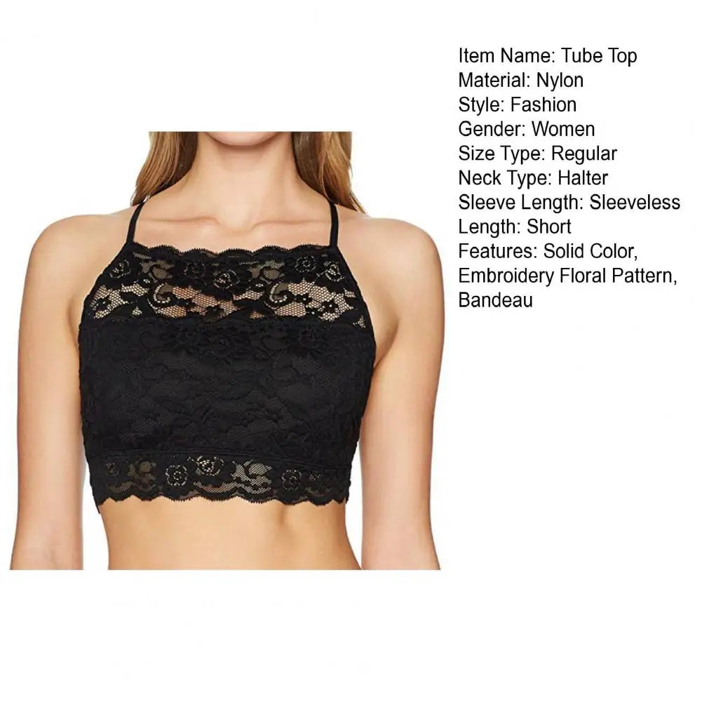 Summer Embroidery Flower Lace Tube Top Halter Backless Bandeau Bra Breathable Perspective Thin Women Underwear