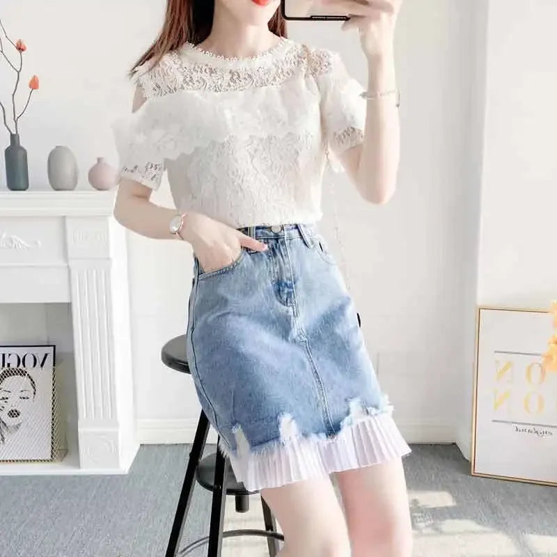 Short 2 Pieces Sets for Women Commuting Skirt White Mature Denim Sleeve Woman Outfit Blue Mini Kawaii Summer Fashion 2025 Full