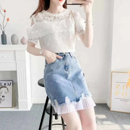 Short 2 Pieces Sets for Women Commuting Skirt White Mature Denim Sleeve Woman Outfit Blue Mini Kawaii Summer Fashion 2025 Full