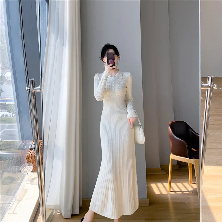 Sweater Dress Women New  Autumn Winter Purple White Or Black High Waist A Line Dress Elegant Long Knitted Dress (Available)