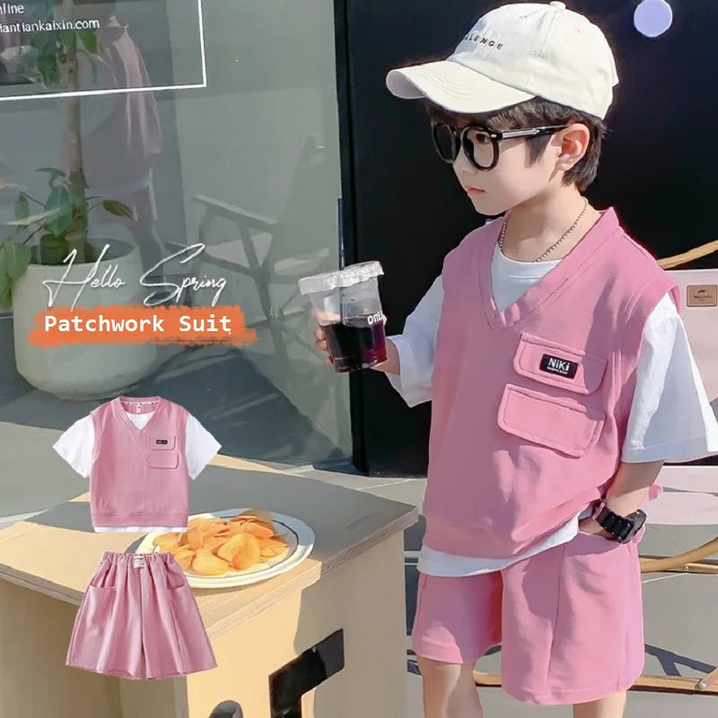 Summer Baby and Boys Cotton Contrast Patchwork t-Shirt Tops+Shorts Pant Sets School Kids Tracksuit Child 2PCS Outfit 1-10 Years