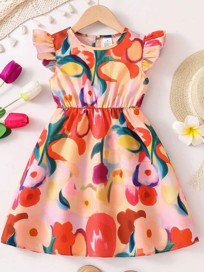 Girls' Fashionable and Simple Summer Dress, Toddler Girl's Floral and Leaf Pattern Back Zipper Fly-Sleeve Cinched Waist Mid-Length Dress, Girls' Everyday Comfortable Soft Versatile Youthful and Energetic Children's Clothing,