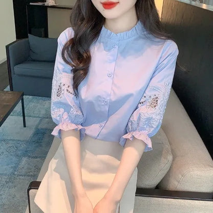 Ele Embroidered ort Sve irt Women's Summer New Design Korean Sle Commute Lantern Sve White irt for Ladies