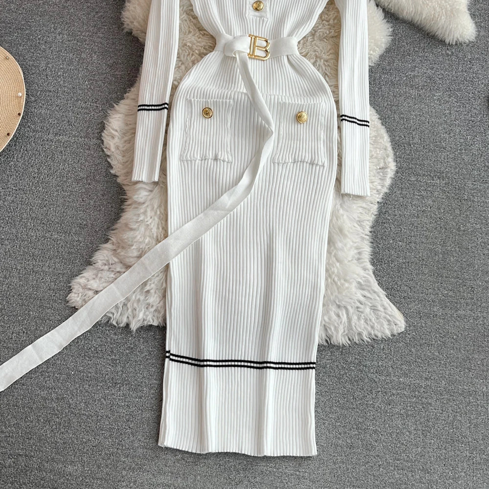 Women Dress 2025 Autumn Winter Elegant Rib Knit Long Pencil Dress with Belt Office Lady Bodycon Sweater Dress Vestidos