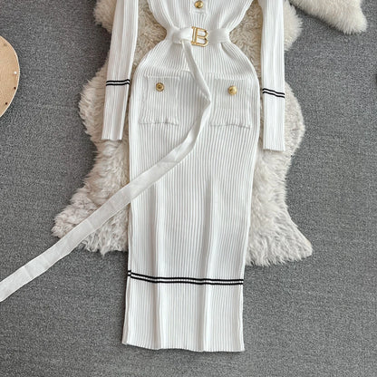 Women Dress 2025 Autumn Winter Elegant Rib Knit Long Pencil Dress with Belt Office Lady Bodycon Sweater Dress Vestidos