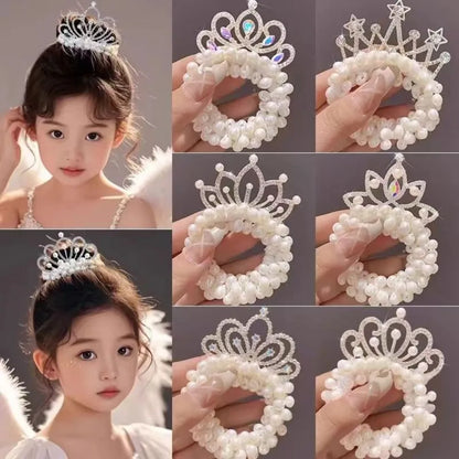 Fashion Pearl Crown Princess Cute Kids Hair Bands Elastic Rubber Bands