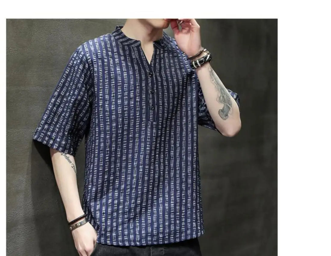 Men's Light Blue Denim Shirt Oversized Short Sleeve Button-Down Casual Top(Available)