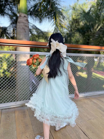 Korean Girls Party Dresses Edition Girls Sleeveless Bow Solid Color Sweet and Gentle Princess Dress Childrens New  Trend