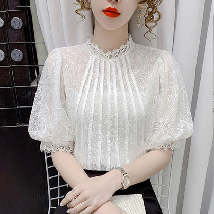 White 's Top 2023 Summer New Bubble Short Sleeve Chiffon Thin T-shirt Unique Lace Little Blusas Clothes for Women Blouse Shirts