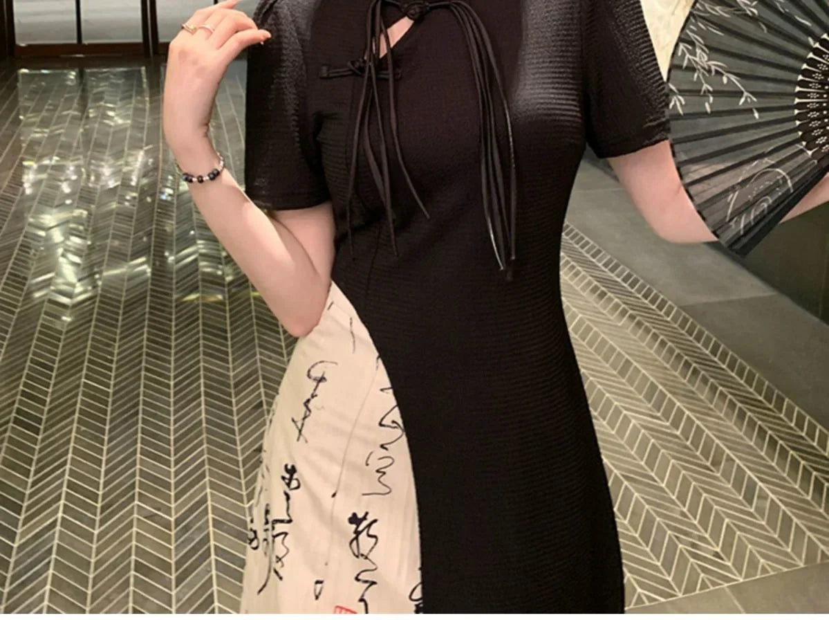 New Chinese Style High Grade Irregular Calligraphy Half Body Dress Fashion Qipao Two Piece Set Skirt Women's Summer Hanfu Suit